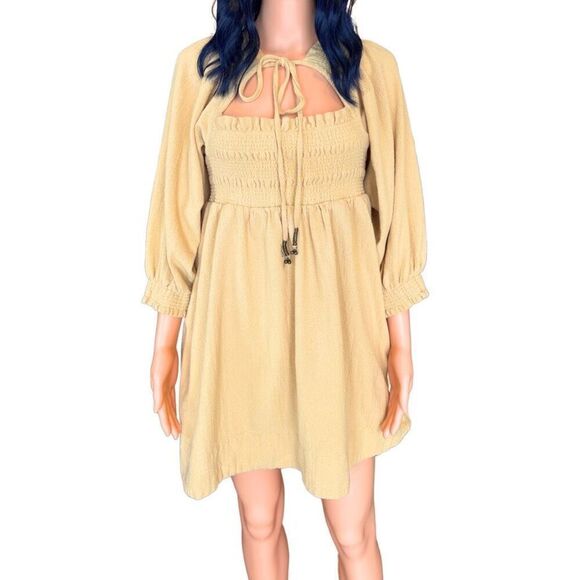 Free People This Is Everything Yellow Smocked Tie Neck Mini Dress Size Small - Picture 2 of 6